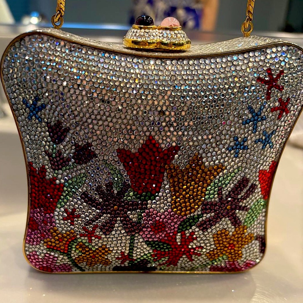 Judith Leiber silver and multicolor flower evening bag